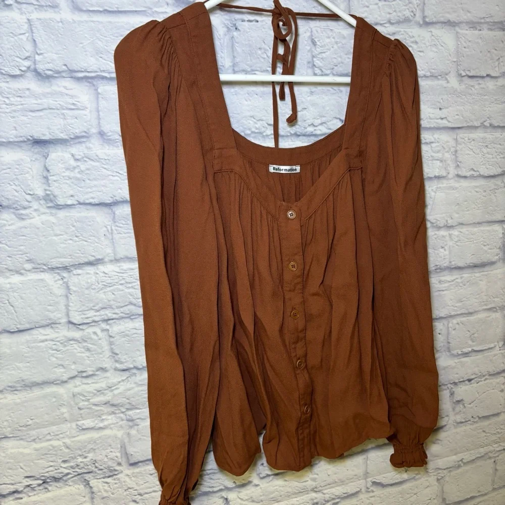 Reformation Shirt Womens Small Rust Peasant Puff Sleeve Off Shoulder Crop Boho